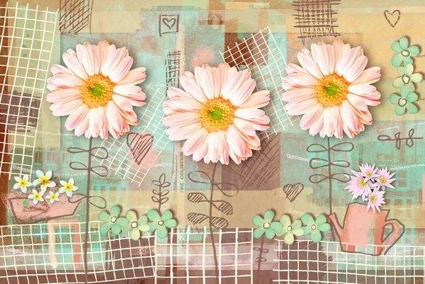 Elegance landet vykort med vackra rosa gerbera blommor och vattenkanna. Love blommönster. Kan användas som gratulationskort, inbjudan för bröllop, födelsedag och annan helgdag. — Stockfoto