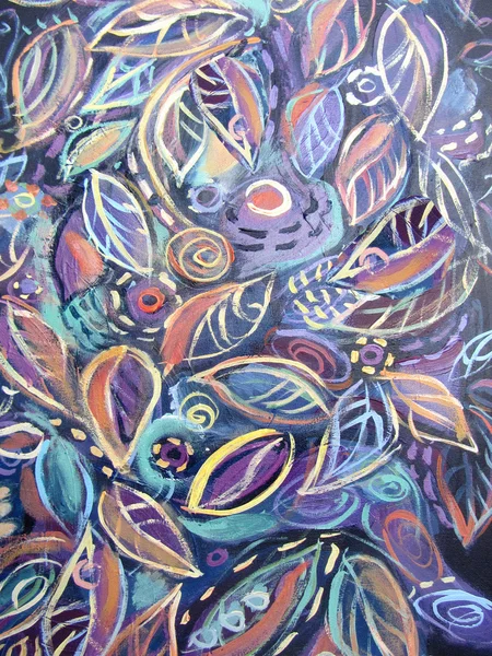Abstract acrylic painting. Floral pattern and texture with hand drawn flowers and plants. Leaves ornament. Original floral background.