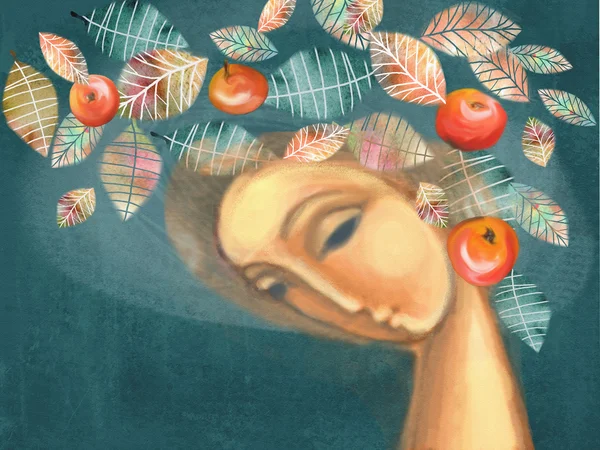 Çelenk yaprakları ve başında kırmızı elma ile güzel sonbahar kız. Kartpostal, takvim, posterler, baskılar, mevsimlik kalıp çizmek için çizim. Elle çizilmiş öğeleri üzerinde dayalı.