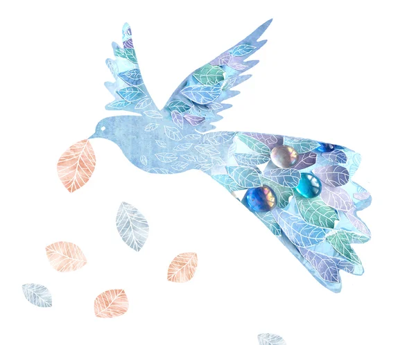 Abstrakte Vogel isoliert auf weißem Hintergrund. Grunge-Stil Vogel mit Blättern. — Stockfoto