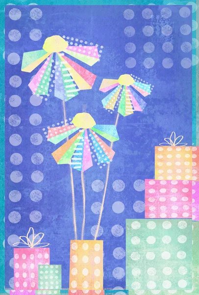 Beautiful flowers and gift box on a polka dot background. Design in abstract cartoon style. Postcard flower. — ストック写真