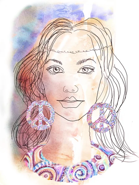 The beautiful hippie girl. Watercolor background. — Stockfoto