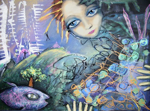 Abstract picture with fish and blue-eyed red-haired girl.