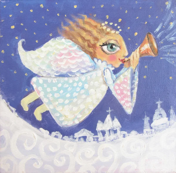 Ilustracja ładny mały Anioł Boże Narodzenie z trąbka. Ręcznie malowane obraz Bożego Narodzenia — Zdjęcie stockowe