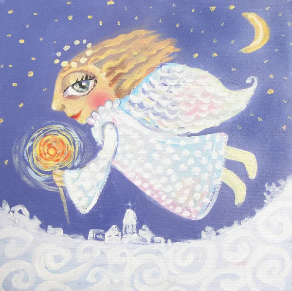 Ilustración de lindo angelito de Navidad con bengala. Cuadro de Navidad pintado a mano — Foto de Stock