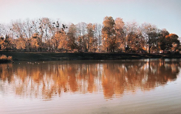Φθινοπωρινό πάρκο με λίμνη. Αντανακλάσεις των φθινοπωρινών φύλλων. Πολύχρωμο φθινοπωρινό φύλλωμα ρίχνει την αντανάκλασή του στα ήρεμα νερά μιας λίμνης — Φωτογραφία Αρχείου