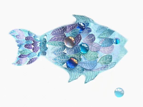 Kunst blauer Fisch mit Schuppen als Blätter. handgezeichnete Illustration isoliert auf weißem Hintergrund. Floraler Fisch kreatives Design. — Stockfoto