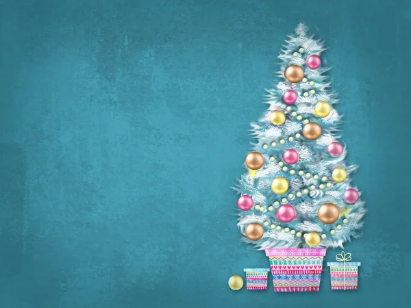 Feliz Navidad y Feliz Año Nuevo. Ilustración de árbol de Navidad decorado en maceta con regalos. Tarjeta de felicitación de Navidad — Foto de Stock