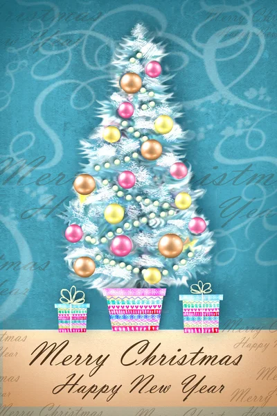 Feliz Navidad y Feliz Año Nuevo. Ilustración de árbol de Navidad decorado en maceta con regalos. Tarjeta de felicitación de Navidad — Foto de Stock