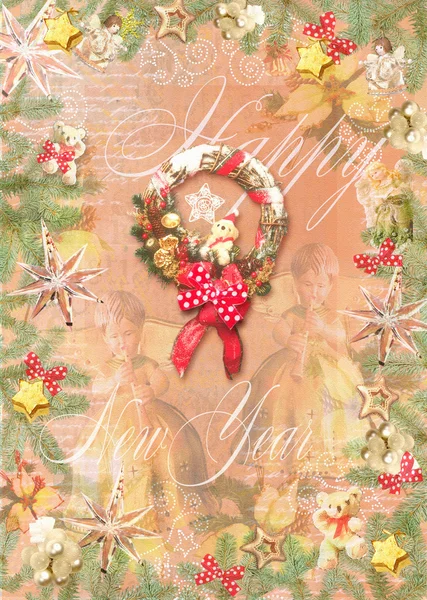 С Новым годом. Рождественские украшения, игрушки, звезды, сосновые ветви, венок с красным луком, ангелы и феи . — стоковое фото