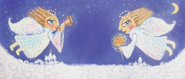 Illustration av söta lilla Julänglar med tomtebloss och trumpet. Handmålade jul bild. — Stockfoto