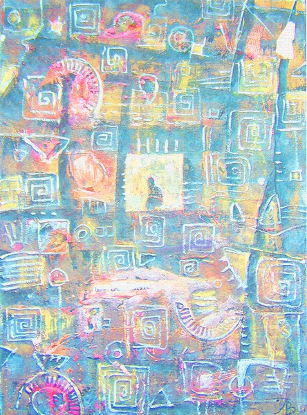 Абстрактная живопись с окном и силуэтом. Рисунок абстрактного фона в бирюзовых, оранжевых, желтых и синих цветах . — стоковое фото