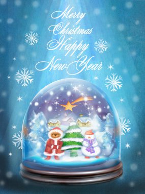 Kar küresi ve neşeli Noel ve mutlu yeni yıl dilekleri ile bayram kartı.