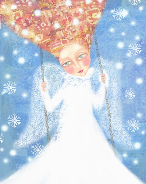 Angel in white clothes with foxy hair swinging in the blue sky with snowflakes. — Stock Photo, Image