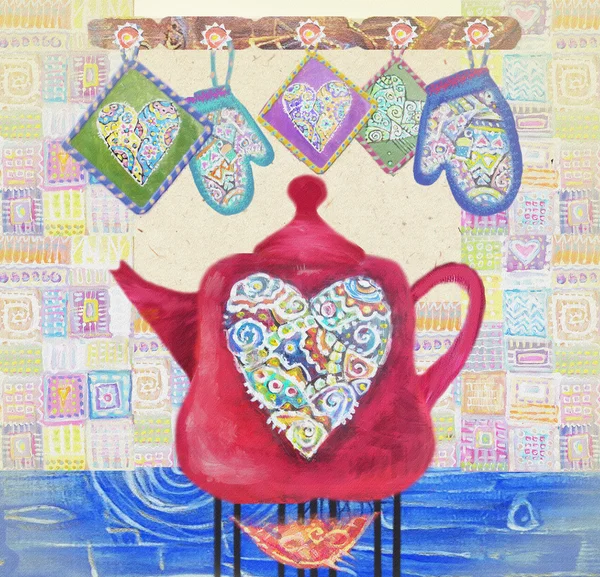 Amor de cocina. Hermosa tarjeta con tetera roja en el fuego, corazones y agarraderas. Tetera linda con corazón multicolor abstracto . — Foto de Stock