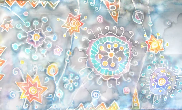 Batik. Hand-painting on silk. Abstract flowers, stars, blots, splashes. Fantastic world. Under the microscope, cosmic patterns — Stock Photo, Image