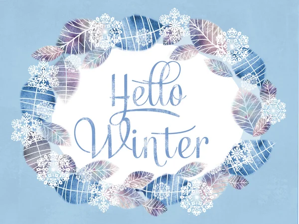 Saludo festivo Hola invierno. Marco romántico floral hecho de hojas dibujadas a mano y copos de nieve . —  Fotos de Stock