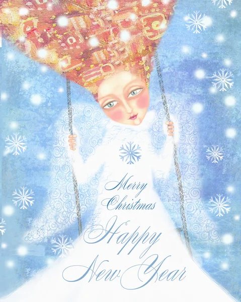 Ангел в белой одежде с лисицами, качающимися в голубом небе со снежинками . — стоковое фото