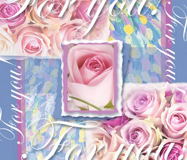 Bloemen bruiloft uitnodiging. Hand getrokken vintage collage frame met rozen. Kerstkaart met frame, roze rozen, tekst. — Stockfoto