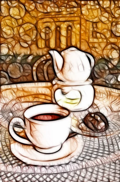 Чашка чая или кофе с кастрюлей и конфетами в кафе . — стоковое фото