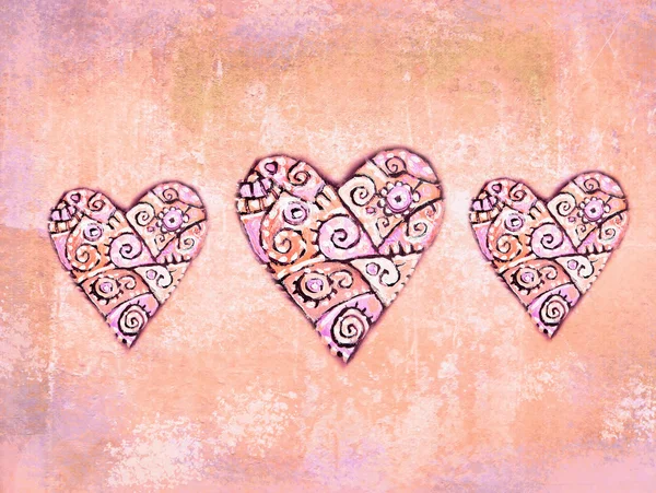 Abstract folkloric hearts on grunge background wth ethnic motif. Decoration for ethnic design. Love hearts. — Stock Photo, Image