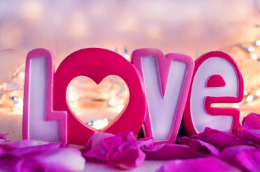 The word Love and rose petals. Valentines day concept