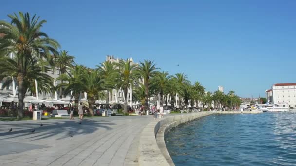 Mensen wandelen en rusten op een Zomerochtend aan de promenade van Split, Kroatië. — Stockvideo