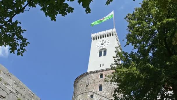 Ljubljana Kalesi, saat kulesi görünümünü — Stok video