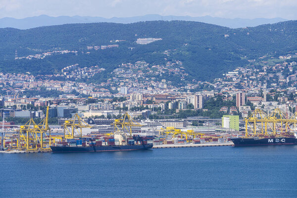 Trieste, Italy. June 13, 2021. A panoramic view of ships moored in the port