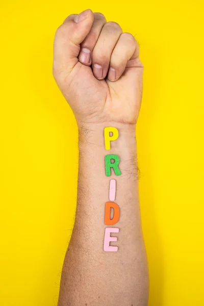 Braço Com Punho Fechado Com Inscrição Multicolorida Pride — Fotografia de Stock