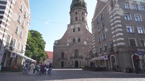 Riga Letland Augustus 2021 Panoramisch Uitzicht Gevel Van Middeleeuwse Kerk — Stockvideo