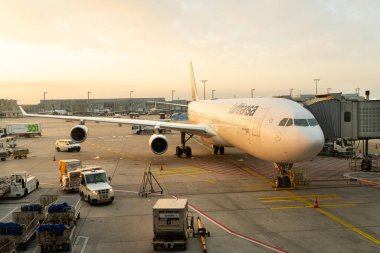 Frankfurt am Main, Almanya. 11 Ekim 2025. Uçak hazırlıkları sabah vakti havaalanında yapılacak.