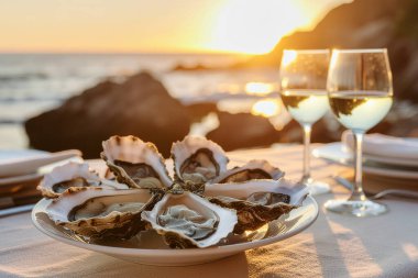 Yapay zeka görüntü oluşturdu. Akşamları deniz kenarındaki bir masada bir tabak istiridye.