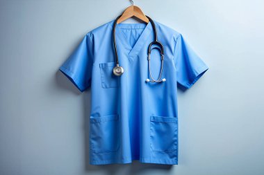 Yapay zeka görüntü oluşturdu. Doktorun mavi ceketi ve askıda asılı steteskop.