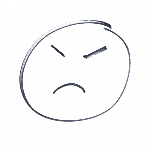 Şeffaf bir yüzey üzerinde siyah bir işaretle yapılmış kızgın bir yüz çizimi.