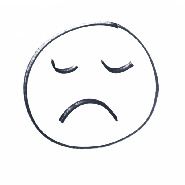 Şeffaf bir yüzey üzerinde siyah bir işaretle yapılmış hüzünlü bir yüz çizimi.