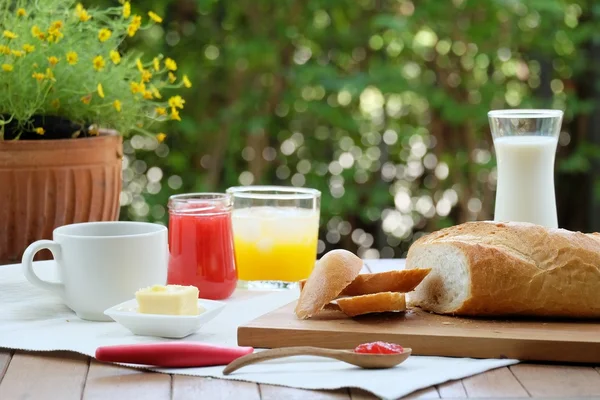 Herrliches und buntes Frühstück im Garten — Stockfoto