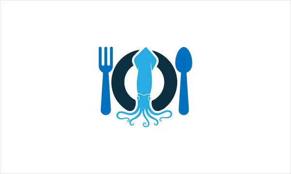 Frutti Mare Ristorante Piatto Forchetta Calamaro Icona Logo Disegno Illustrazione — Vettoriale Stock