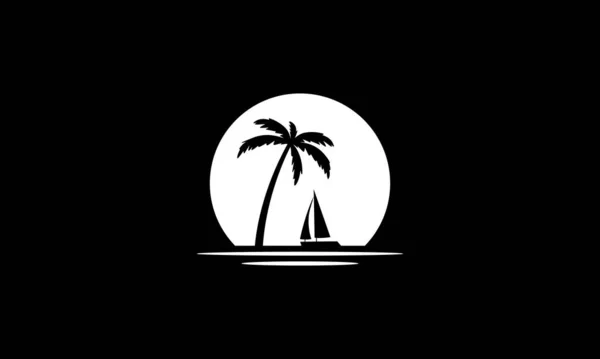 Sailing Boat Full Moon Palm Tree Icon Logo Design Ilustration — Stock Vector