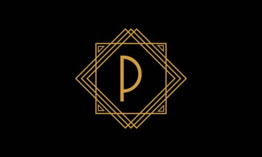 P harfi art deco minimalistik logo altın rengi kare çerçeveli siyah arkaplan izole