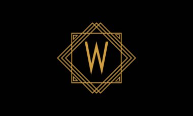 W harfi art deco minimalistik logo altın rengi kare çerçeveli siyah arkaplan izole