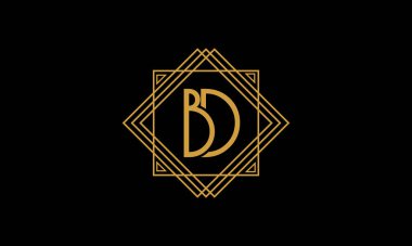 Bağlı ortak Harfler B ve D Sanat deco minimalistik logo siyah arkaplan izole edilmiş kare çerçeveli altın rengi