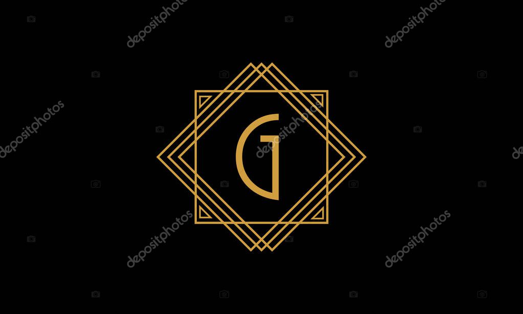 Letter G art deco  minimalstic logo in  gold color isolated in black background with square frame