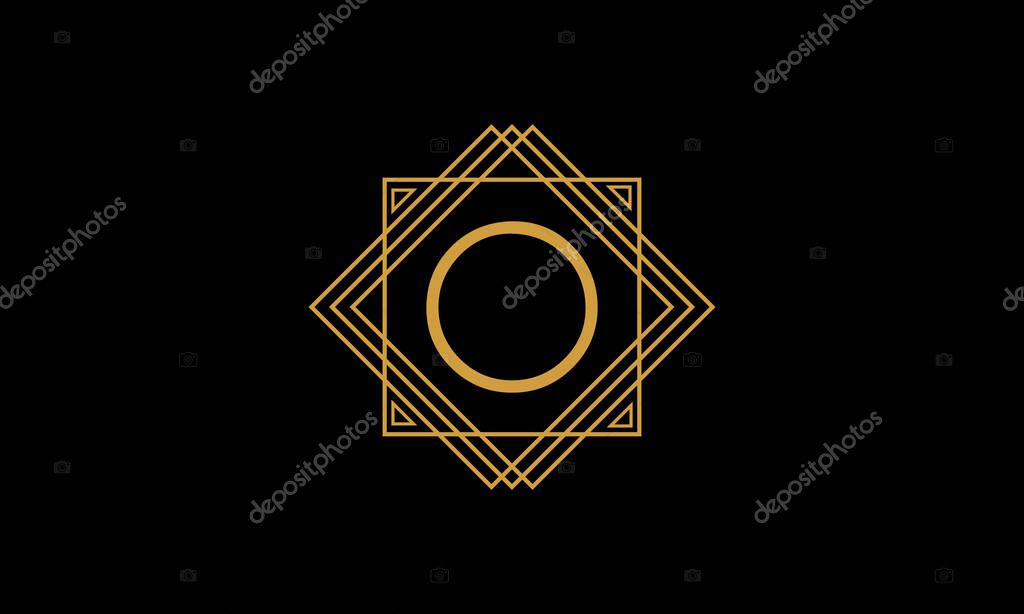 Letter O art deco   minimalstic logo in  gold color isolated in black background with square frame