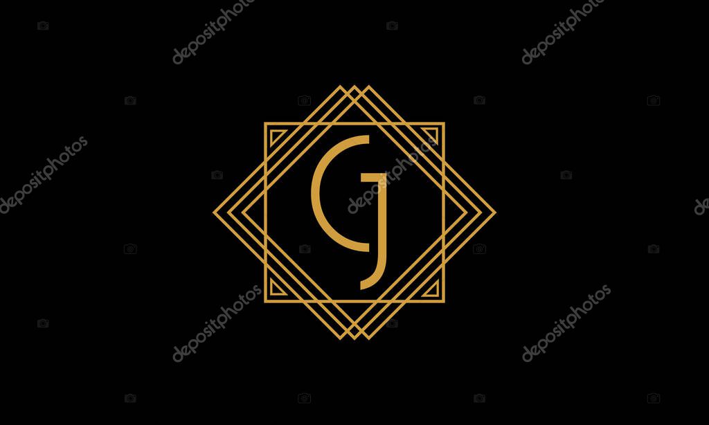 Connected joint Letters C and J Art deco minimalstic logo in gold color isolated in black background with square frame