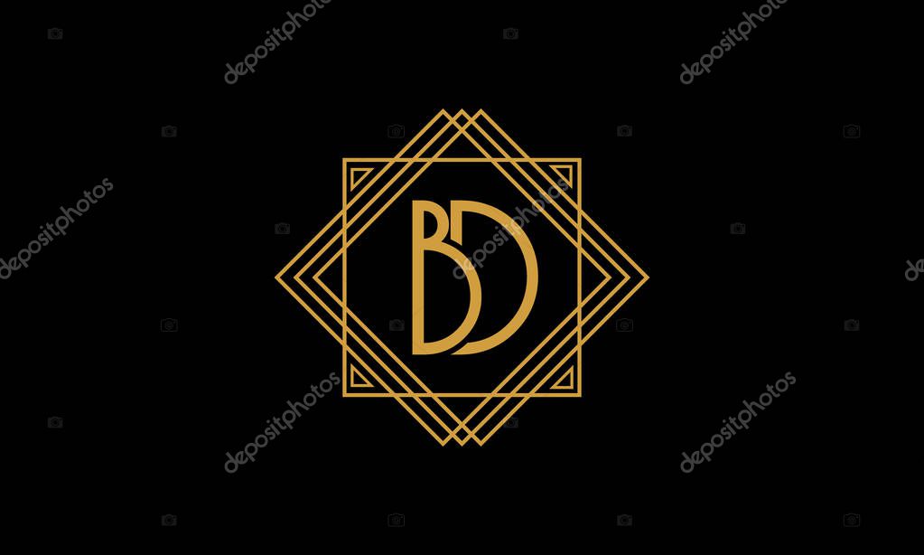 Connected joint Letters B and D Art deco minimalstic logo in gold color isolated in black background with square frame