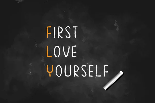 Fly First Love Yourself Escrito Placa Preta Com Ilustração Vetorial —  Vetores de Stock