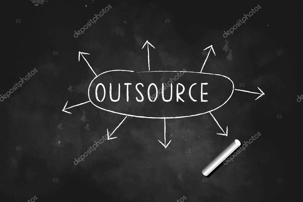 Outsource  arrow concept written with chalk on black board icon logo design illustration