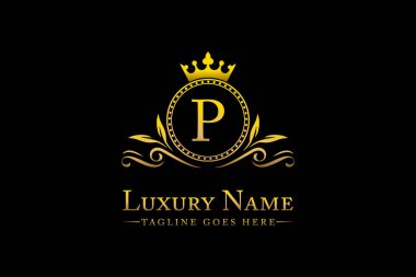 Kraliyet Lüks Mektup P Kralı, Butik Konukseverlik Otelleri ve Moda Markası Monogramı için Gold Crest Crown logo koleksiyonu.