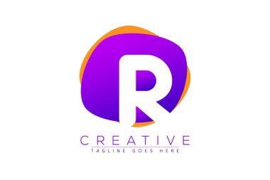 Arkasında mor ve turuncu geometrik şekiller olan r harfi vektör logosu simgesi